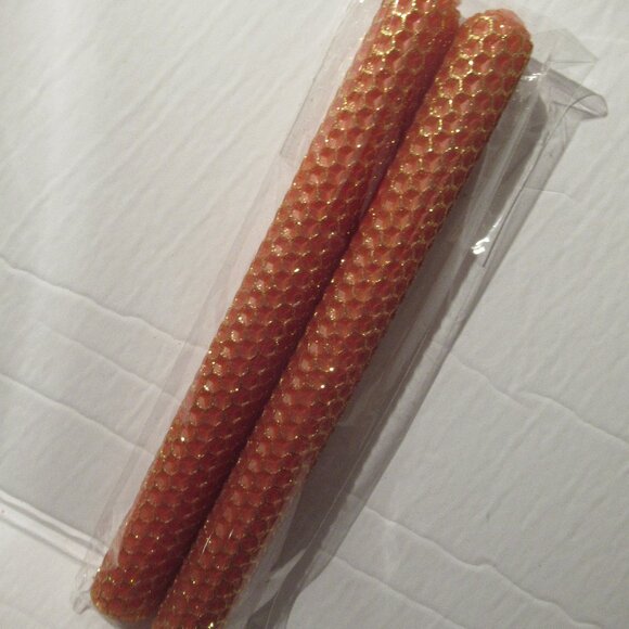 1 Pair, 8" Bees Wax Candles, Orange w/ Gold Glitter, Handmade, Organic - Picture 4 of 6